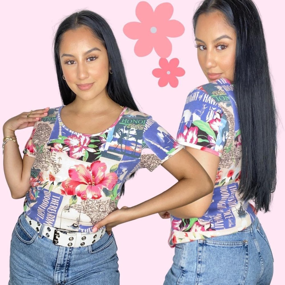 Y2K Pink purple Hawaiian floral vintage printed graphic T-shirt